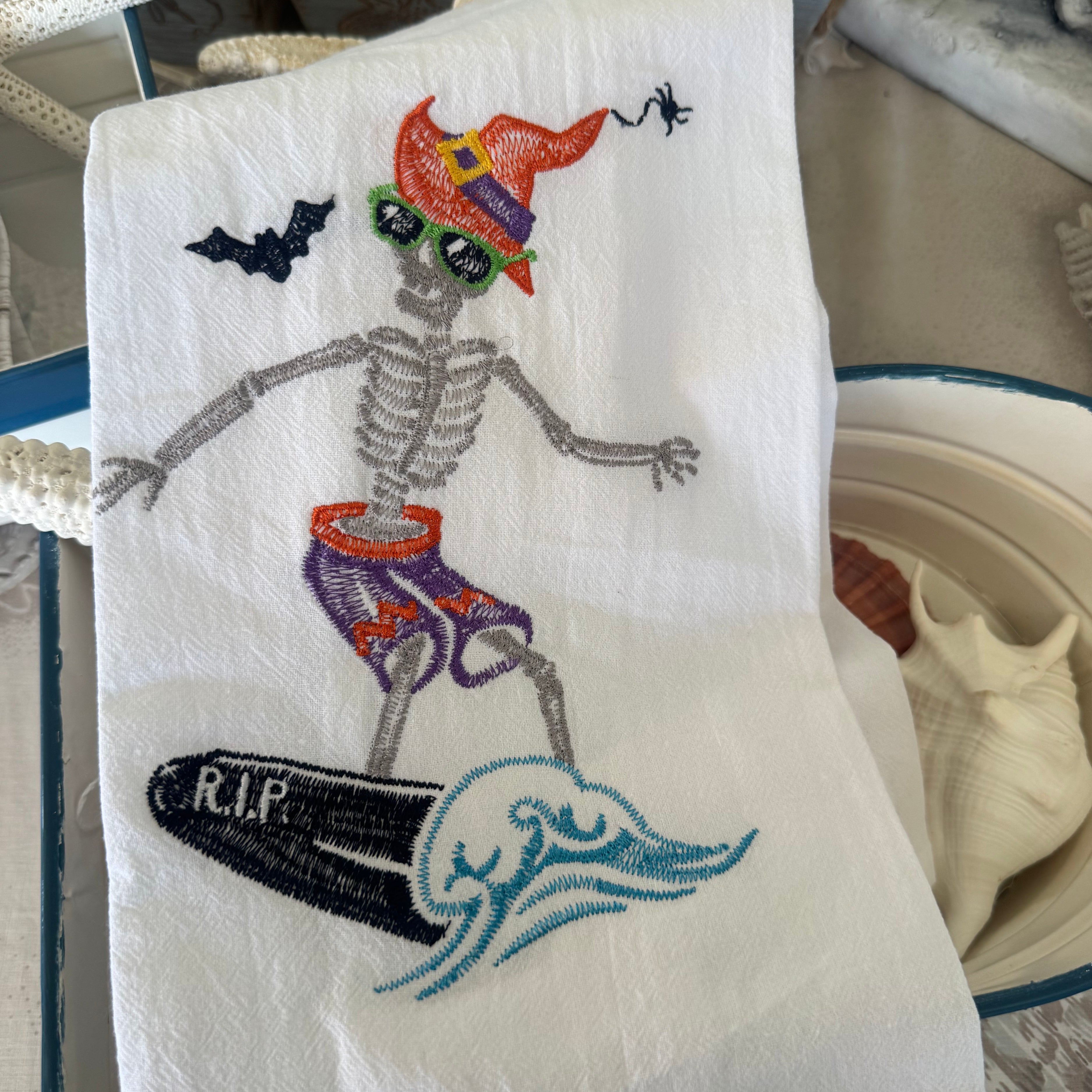 Surfing Skeleton Flour Sack Towel