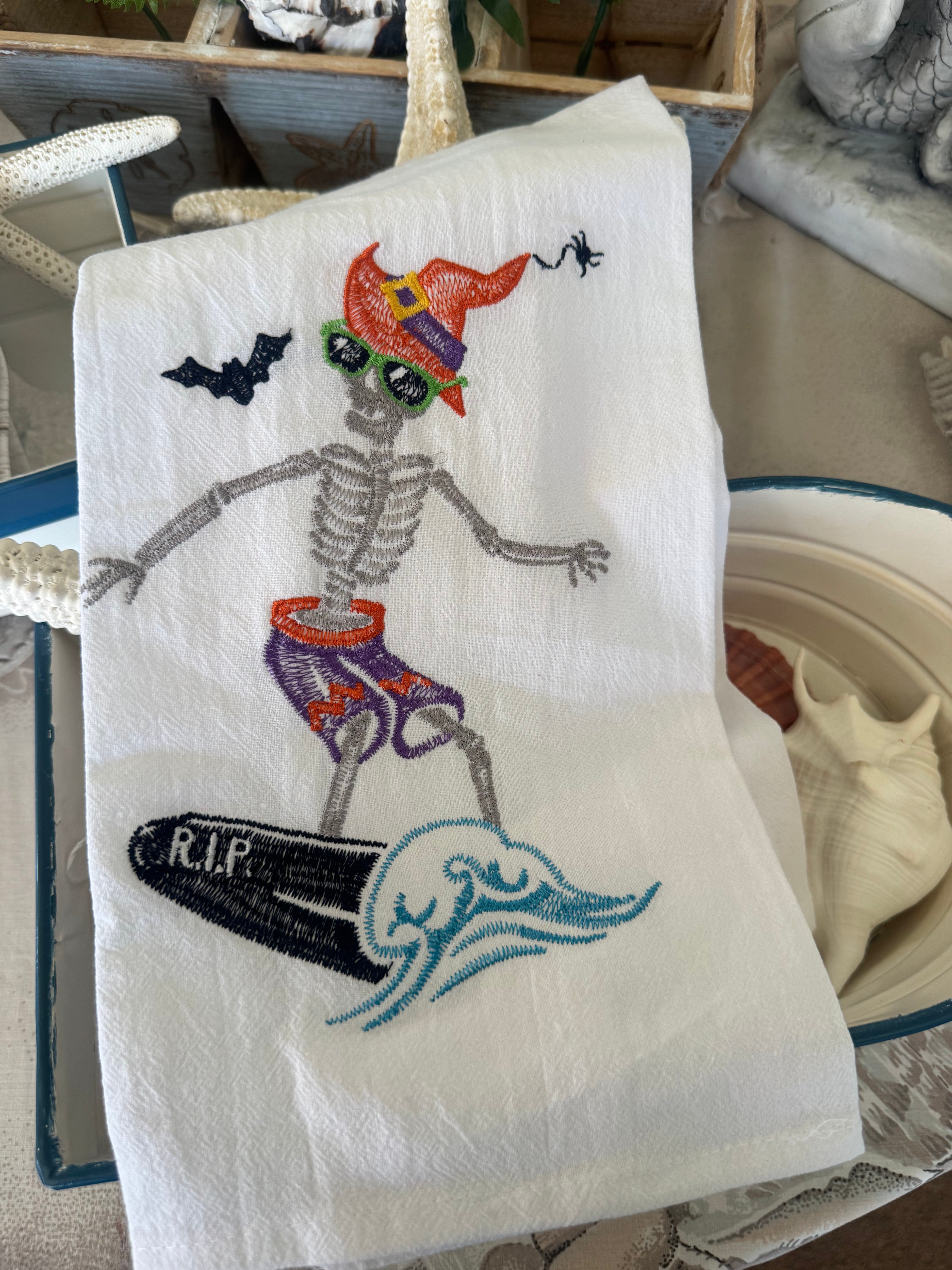 Surfing Skeleton Flour Sack Towel