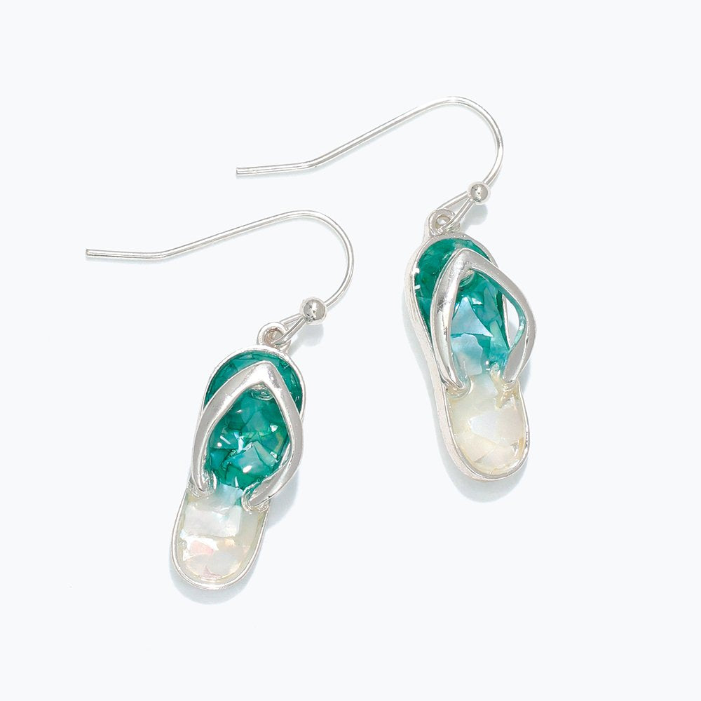 Silver Flip Flops with Genuine Aqua and White Shell Chip Inlay