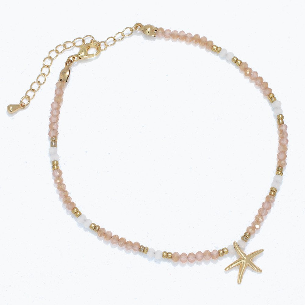 Faceted Pale Pink Glass Beads with Gold Starfish Anklet