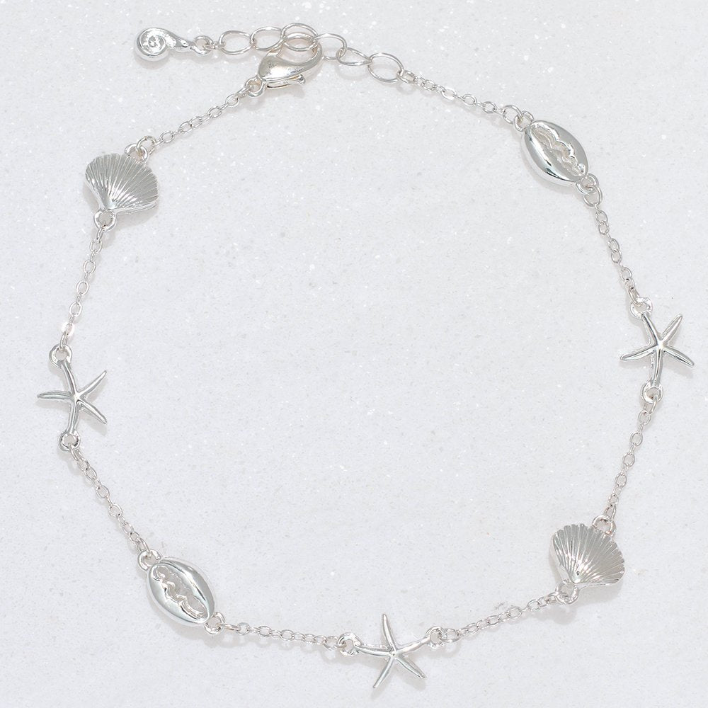 Delicate Silver Starfish, Scallop and Cowrie Shells Anklet