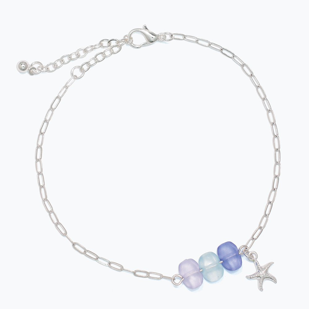 Blue Sea Glass Beads with Starfish Anklet