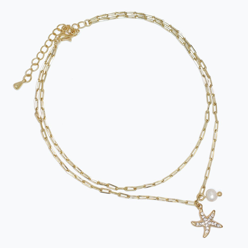 Pave Starfish & Pearl Layers in Gold Anklet