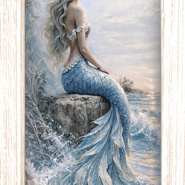Print of a mermaid sitting on a rock by the sea in soft blues and white, shown in a light wood-tone frame.