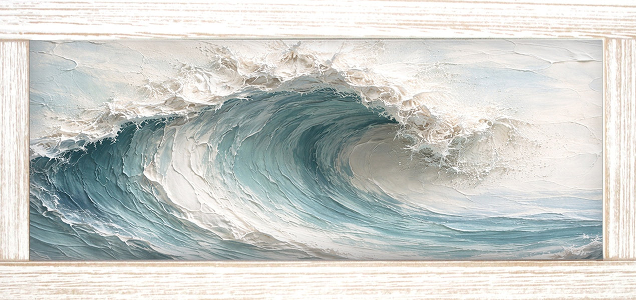 Print of a large curling ocean wave in soft blues, grays and white, shown in a light wood-tone frame.