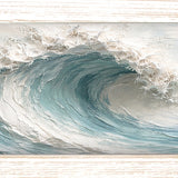 Print of a large curling ocean wave in soft blues, grays and white, shown in a light wood-tone frame.
