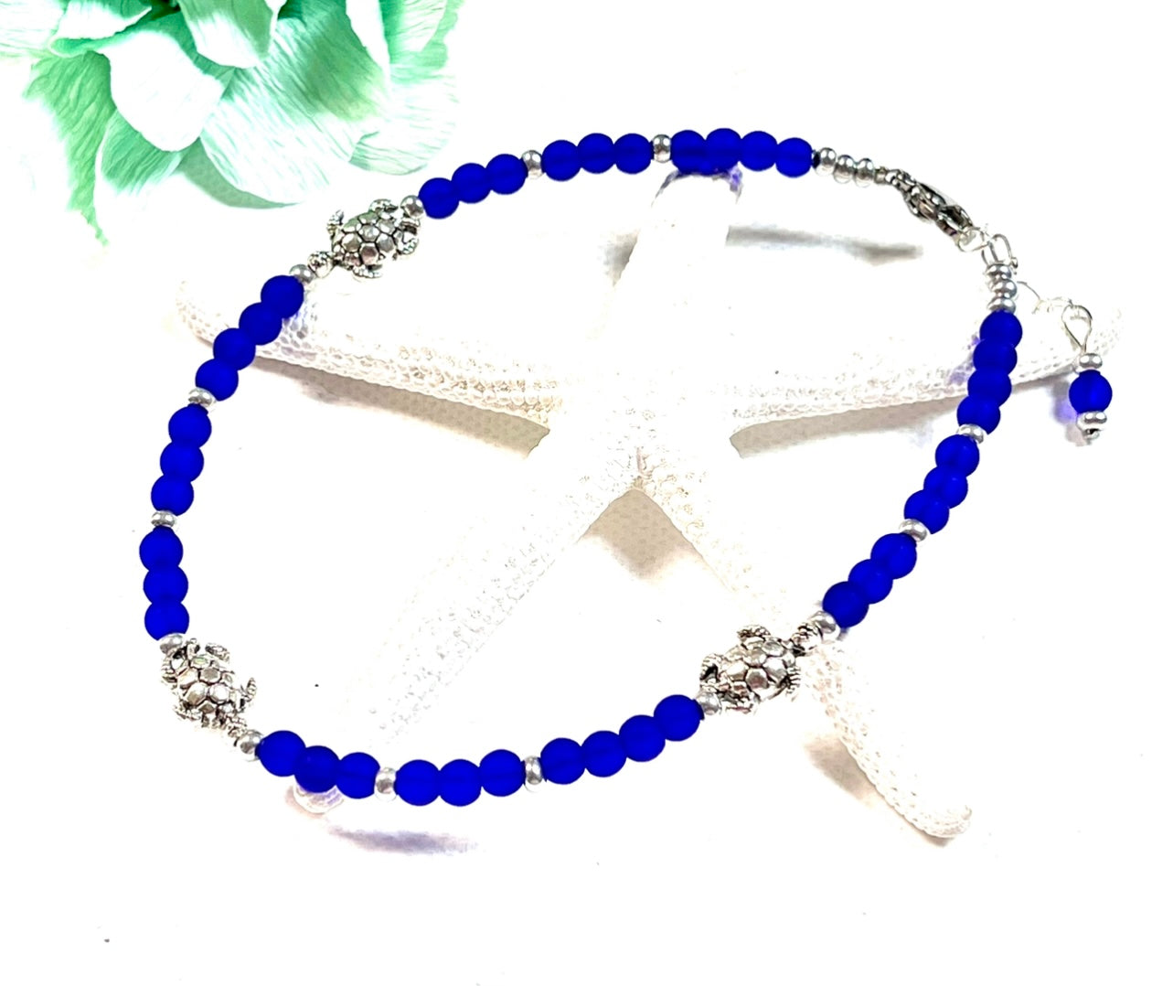 Cobalt Sea Glass Turtle Anklet