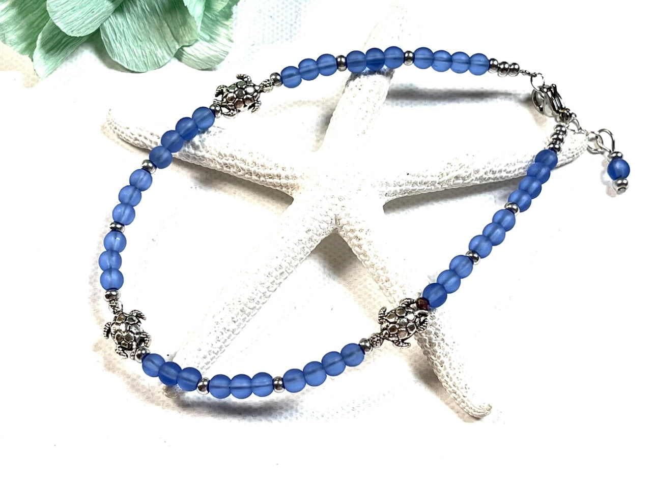 Light Blue Sea Glass Turtle Anklet