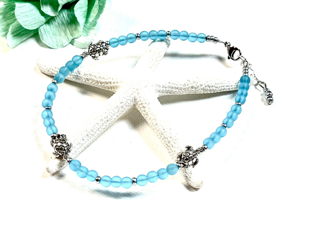 Aqua Sea Glass Turtle Anklet