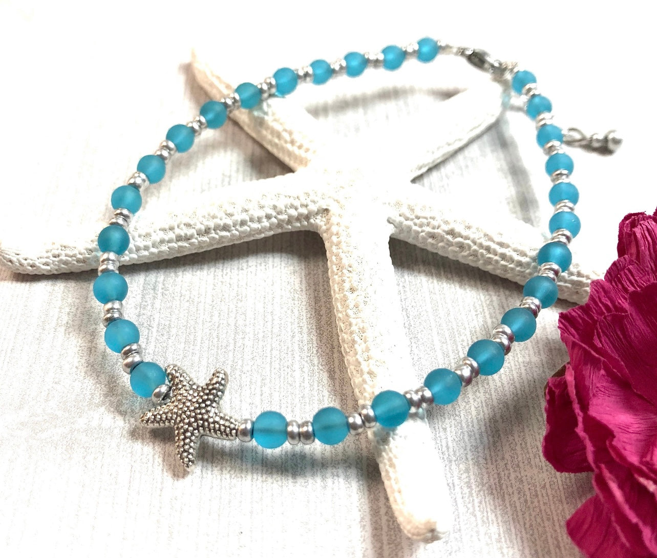 Aqua Sea Glass Starfish Anklet