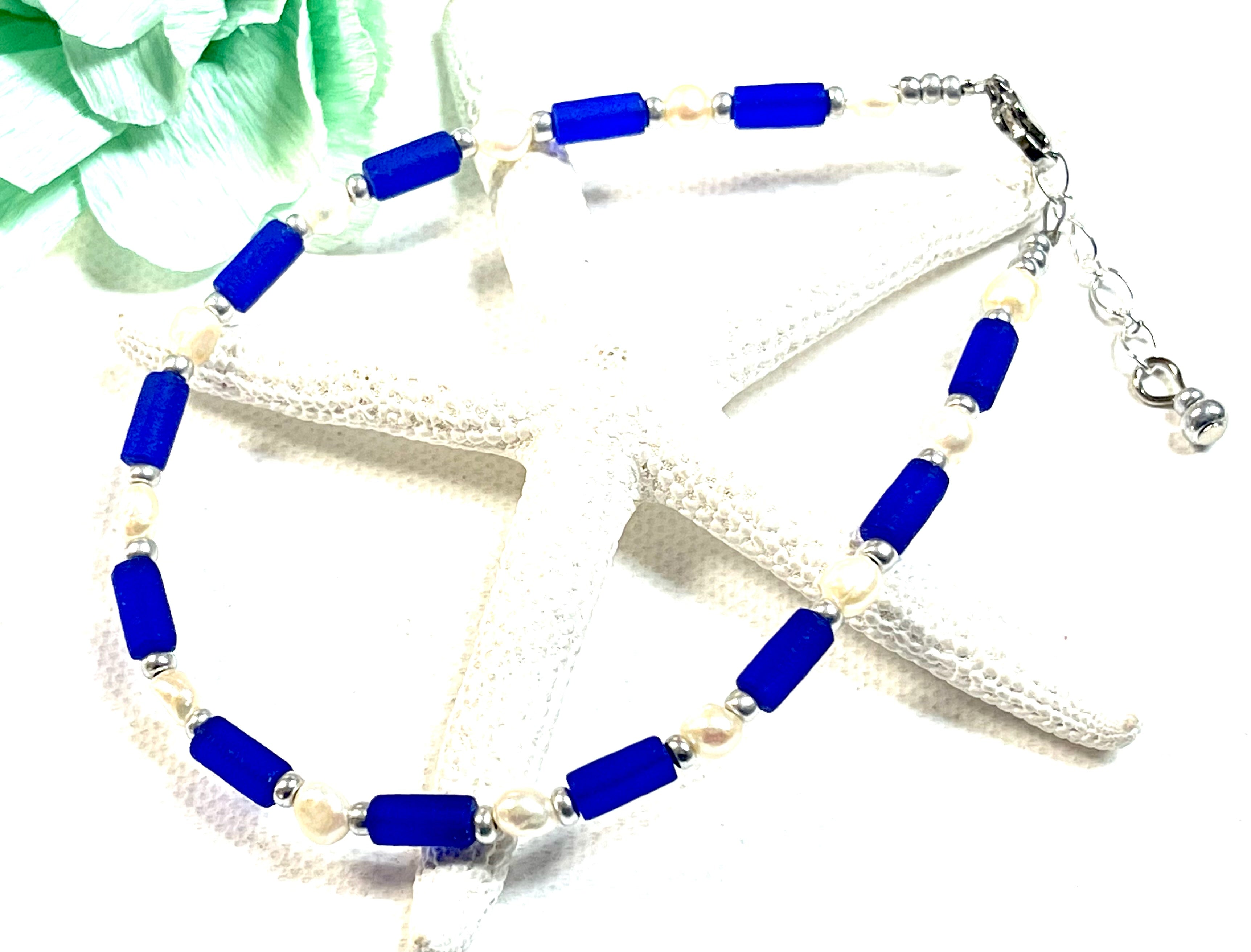 Cobalt Sea Glass & Pearl Anklet