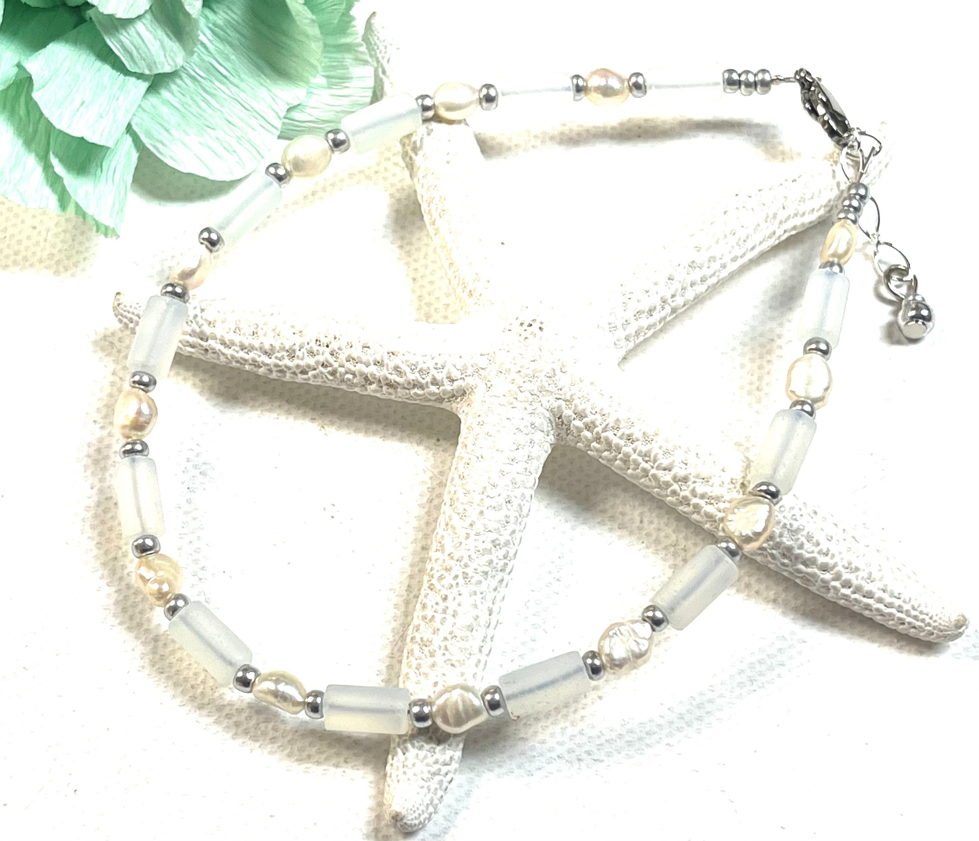 White Sea Glass & Pearl Anklet