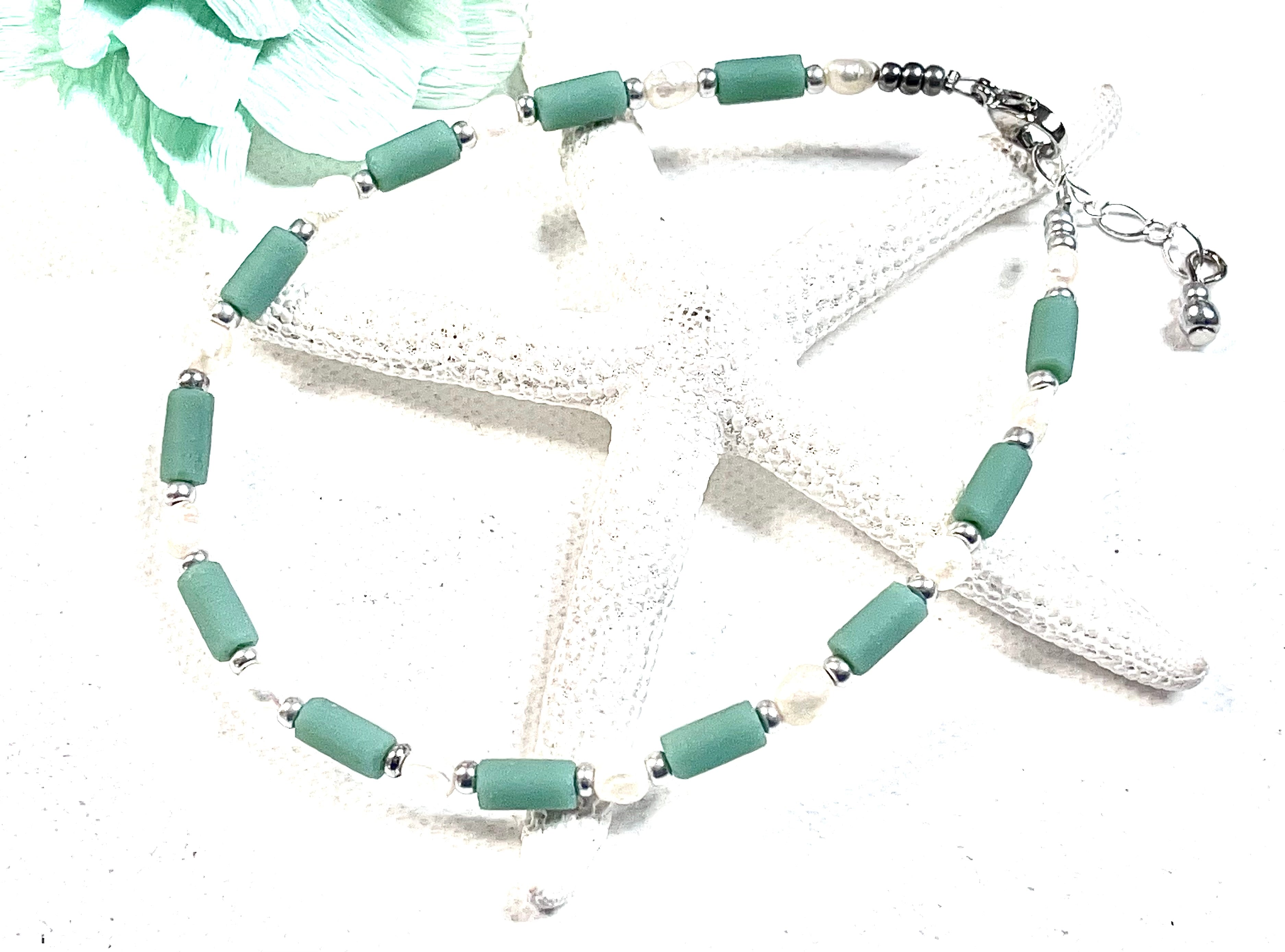 Sage Green Sea Glass & Pearl Anklet