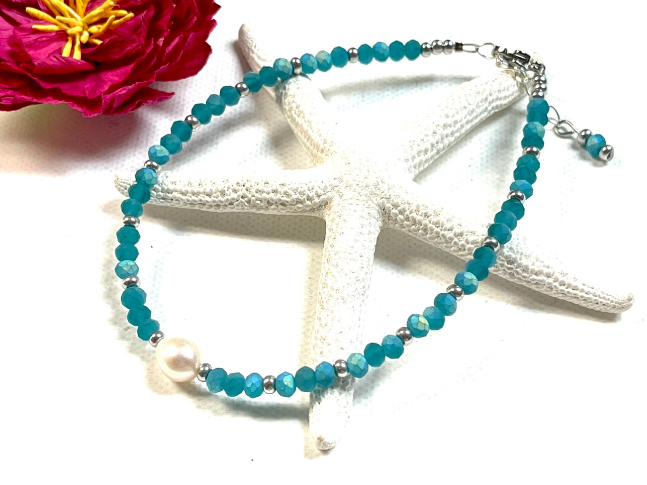 Teal Frosted Crystal & Pearl Anklet