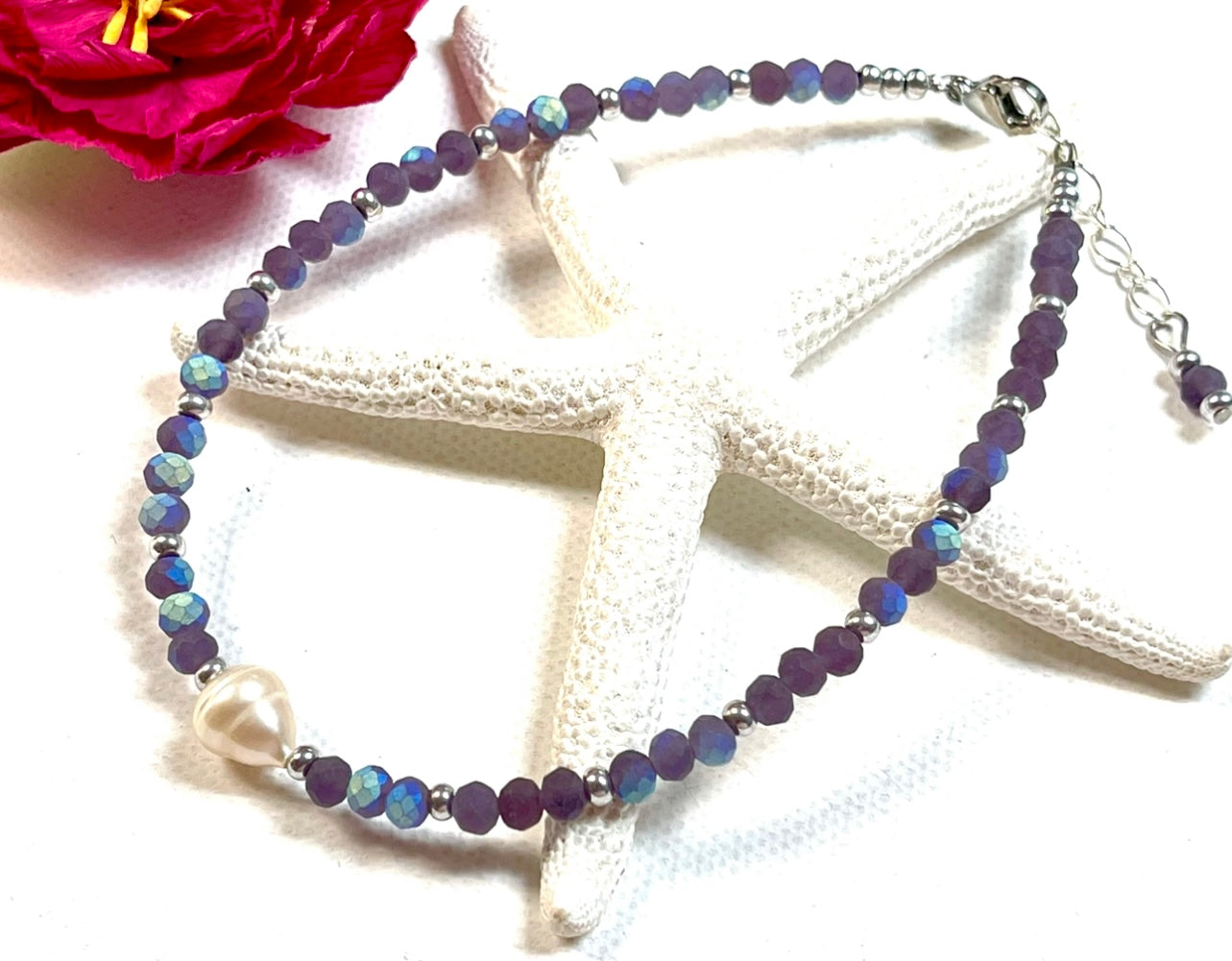 Purple Frosted Crystal & Pearl Anklet