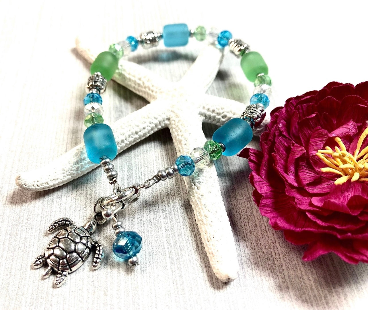 Green & Aqua Sea Glass Turtle Bracelet