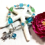 Green & Aqua Sea Glass Turtle Bracelet