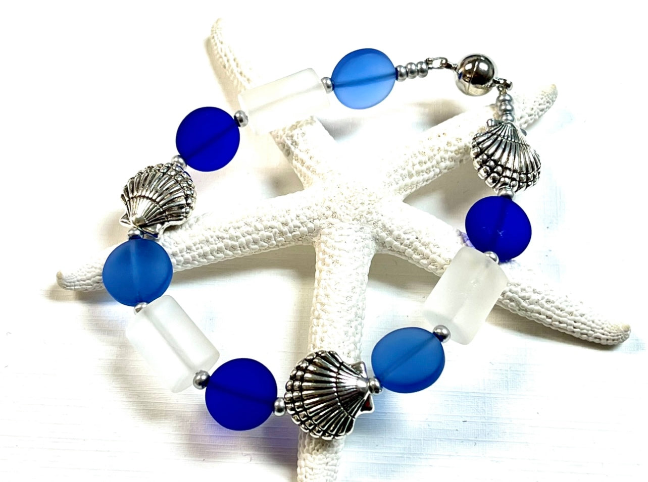 Cobalt & White Sea Glass Shell Magnetic Bracelet