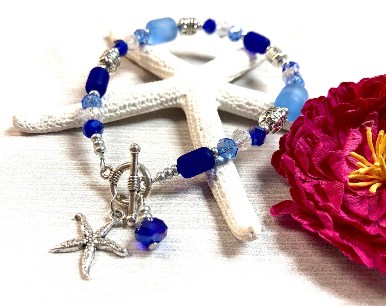 Cobalt & Light Blue Sea Glass Starfish Bracelet
