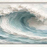 Print of a large curling ocean wave in soft blues, grays and white, shown in a white frame.