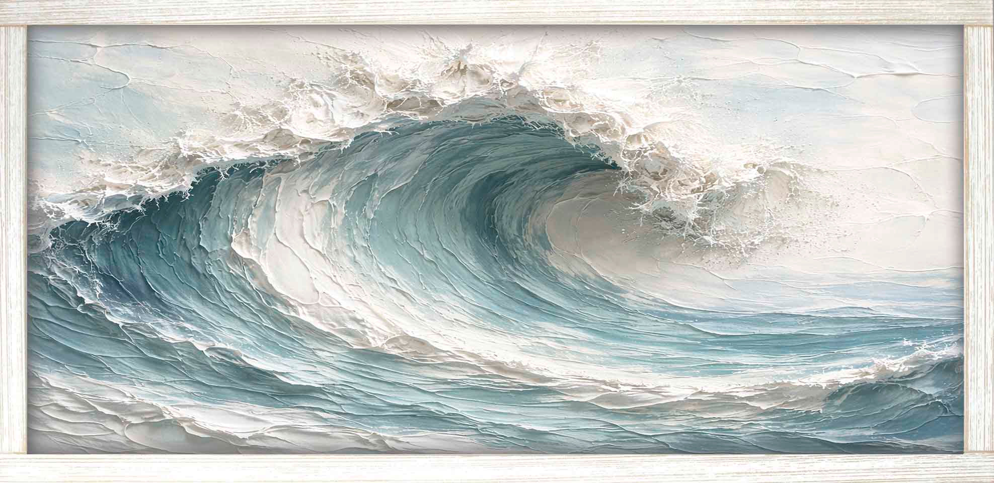 Print of a large curling ocean wave in soft blues, grays and white, shown in a white frame.