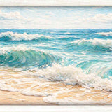 Print of turquoise waves crashing onto a golden sandy beach under a blue sky, shown in a white frame.