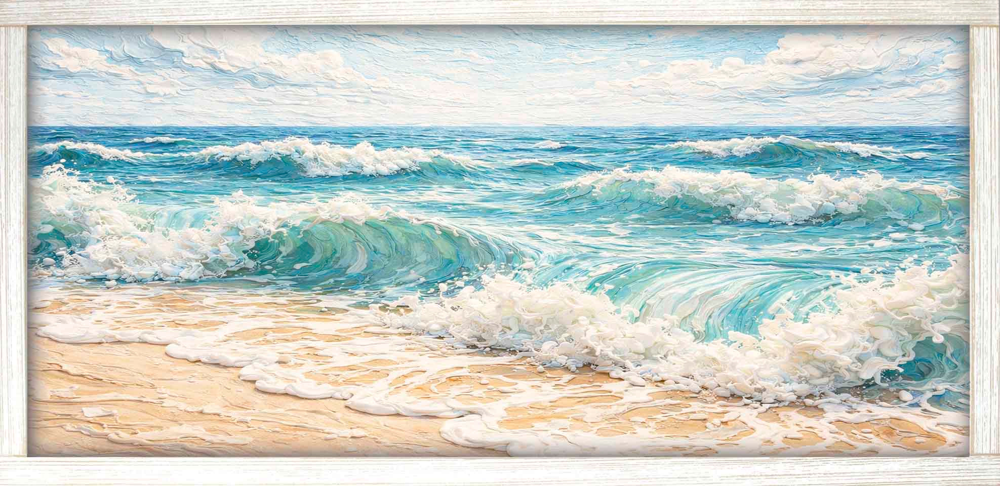 Print of turquoise waves crashing onto a golden sandy beach under a blue sky, shown in a white frame.