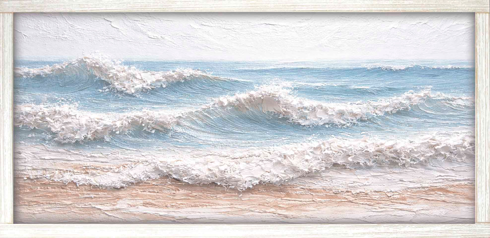 Print of rows of white waves rolling across a pale blue sea, shown in a white frame.